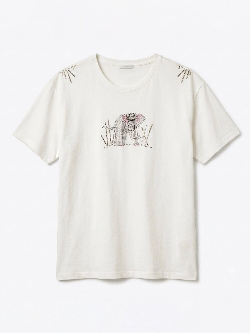 Vintage Elephant And Bamboo Rhinestone Embellished T-shirt Cotton White XL